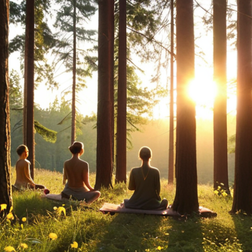Home 19 **Image Prompt:** A serene Polish forest scene at sunset. A diverse group of people are practicing Shinrin-yoku (forest bathing), engaging in mindful activities like meditation, nature observation, and gentle stretching. Capture the feeling of stress reduction and mental clarity. Polish wildflowers and native trees should be prominently featured. The overall mood should be peaceful and restorative. Consider adding subtle lens flares to enhance the peaceful ambiance.