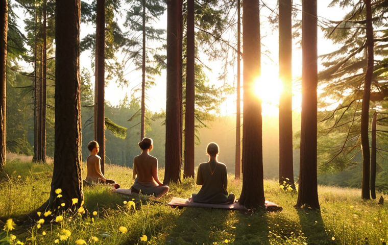 **Image Prompt:** A serene Polish forest scene at sunset. A diverse group of people are practicing Shinrin-yoku (forest bathing), engaging in mindful activities like meditation, nature observation, and gentle stretching. Capture the feeling of stress reduction and mental clarity. Polish wildflowers and native trees should be prominently featured. The overall mood should be peaceful and restorative. Consider adding subtle lens flares to enhance the peaceful ambiance.