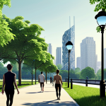 **"A person, wearing a sleek smartwatch, walking calmly through a lush urban park. Overlayed digital graphics subtly illustrate physiological data (e.g., HRV patterns, brain waves) connecting to the environment. In the background, a modern city skyline with smart lampposts subtly indicating environmental data collection. Harmonious blend of nature and technology, illustrating environmental psychology."**