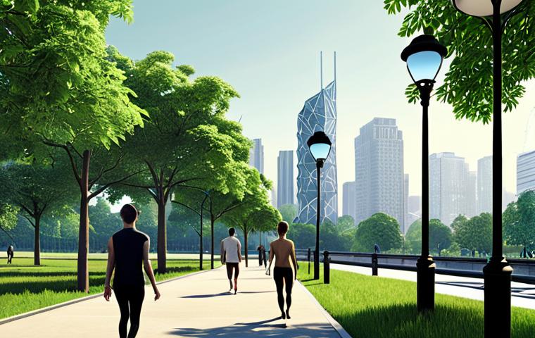 **"A person, wearing a sleek smartwatch, walking calmly through a lush urban park. Overlayed digital graphics subtly illustrate physiological data (e.g., HRV patterns, brain waves) connecting to the environment. In the background, a modern city skyline with smart lampposts subtly indicating environmental data collection. Harmonious blend of nature and technology, illustrating environmental psychology."**