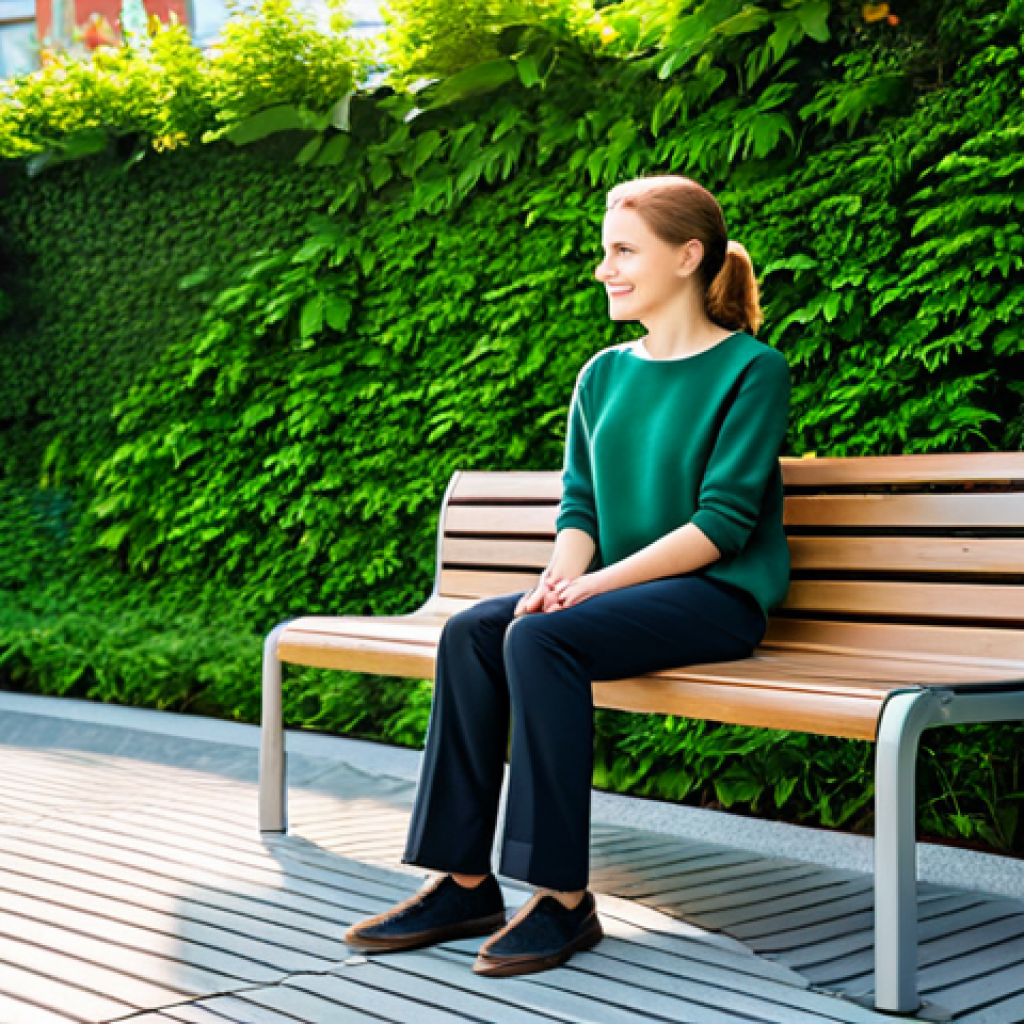A calm young adult, fully clothed in modest, professional casual attire like a comfortable sweater and slacks, seated on a modern bench. The setting is a vibrant, lush urban pocket park in a Polish city, featuring meticulously designed green infrastructure such as a small garden, a green wall, and potted plants. Sunlight filters gently through the greenery, and the background shows hints of modern, clean city architecture. The atmosphere is serene and reflective. Professional photography, high detail, sharp focus, natural lighting, perfect anatomy, correct proportions, well-formed hands, proper finger count, natural pose, safe for work, appropriate content, fully clothed, family-friendly.