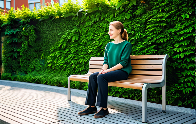 A calm young adult, fully clothed in modest, professional casual attire like a comfortable sweater and slacks, seated on a modern bench. The setting is a vibrant, lush urban pocket park in a Polish city, featuring meticulously designed green infrastructure such as a small garden, a green wall, and potted plants. Sunlight filters gently through the greenery, and the background shows hints of modern, clean city architecture. The atmosphere is serene and reflective. Professional photography, high detail, sharp focus, natural lighting, perfect anatomy, correct proportions, well-formed hands, proper finger count, natural pose, safe for work, appropriate content, fully clothed, family-friendly.