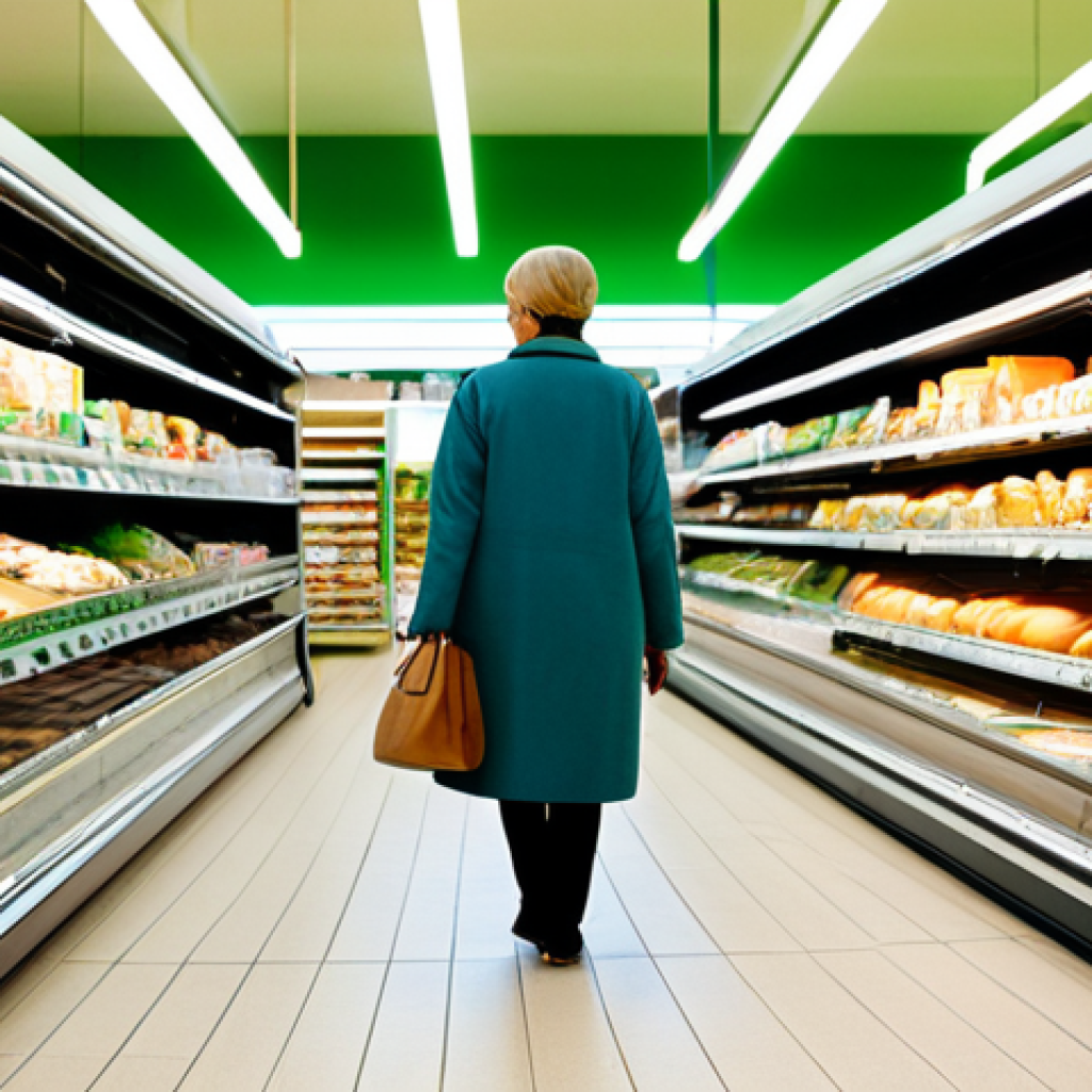 A customer, dressed in modest, appropriate attire, navigates a well-designed aisle in a modern Polish supermarket. The scene captures the subtle influence of environmental psychology, with strategically placed products on brightly lit shelves and the inviting glow from a fresh bakery section in the background. The customer is observing items, subtly guided by the visual "affordances" of the retail space. Full shot, natural pose, perfect anatomy, correct proportions, well-formed hands, proper finger count. High-resolution, professional photography, realistic details, safe for work, appropriate content, fully clothed, modest clothing, family-friendly.