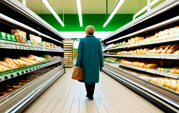 A customer, dressed in modest, appropriate attire, navigates a well-designed aisle in a modern Polish supermarket. The scene captures the subtle influence of environmental psychology, with strategically placed products on brightly lit shelves and the inviting glow from a fresh bakery section in the background. The customer is observing items, subtly guided by the visual "affordances" of the retail space. Full shot, natural pose, perfect anatomy, correct proportions, well-formed hands, proper finger count. High-resolution, professional photography, realistic details, safe for work, appropriate content, fully clothed, modest clothing, family-friendly.