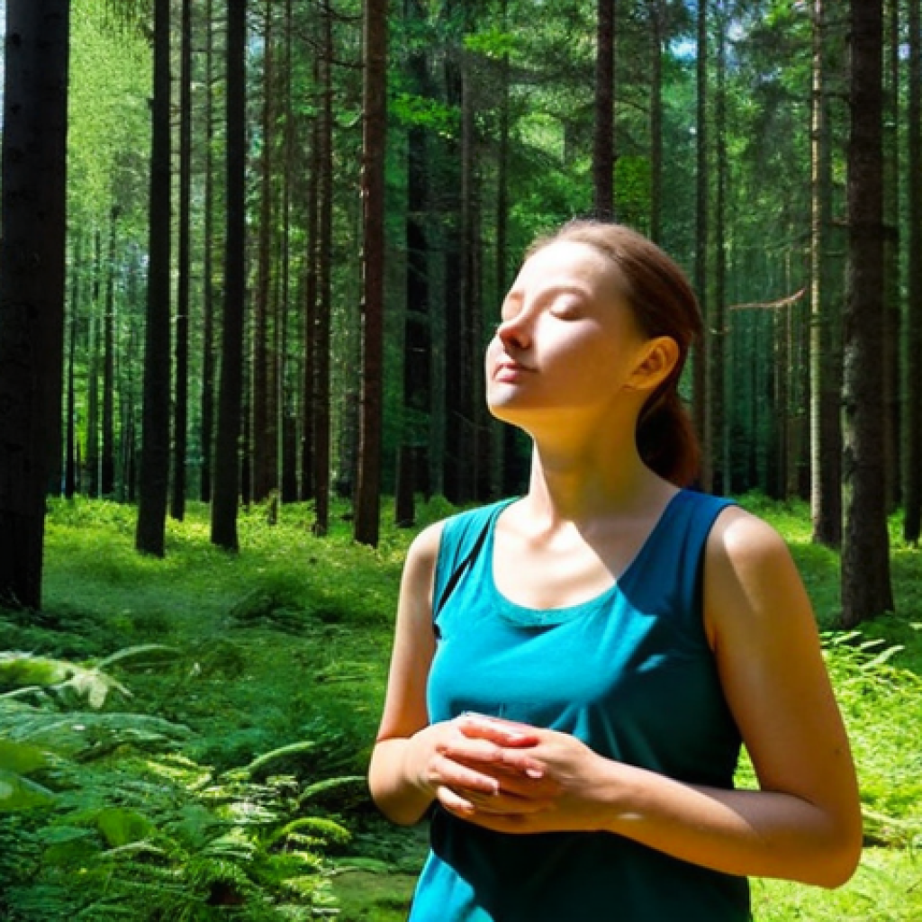 Forest Bathing in Poland**
A young professional woman, fully clothed in appropriate hiking attire, stands peacefully in a sun-dappled Polish forest (like Białowieża Forest). She's surrounded by tall trees and lush greenery, breathing deeply with eyes closed, experiencing Shinrin-yoku (forest bathing). Include soft, natural lighting, perfect anatomy, correct proportions, and well-formed hands. The overall feeling should be one of calm and well-being. Safe for work, appropriate content, professional, modest, family-friendly.
**