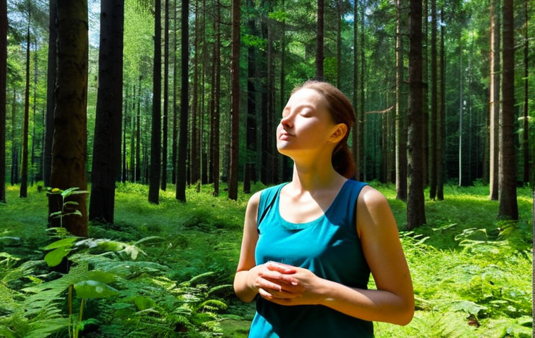 Forest Bathing in Poland**
A young professional woman, fully clothed in appropriate hiking attire, stands peacefully in a sun-dappled Polish forest (like Białowieża Forest). She's surrounded by tall trees and lush greenery, breathing deeply with eyes closed, experiencing Shinrin-yoku (forest bathing). Include soft, natural lighting, perfect anatomy, correct proportions, and well-formed hands. The overall feeling should be one of calm and well-being. Safe for work, appropriate content, professional, modest, family-friendly.
**