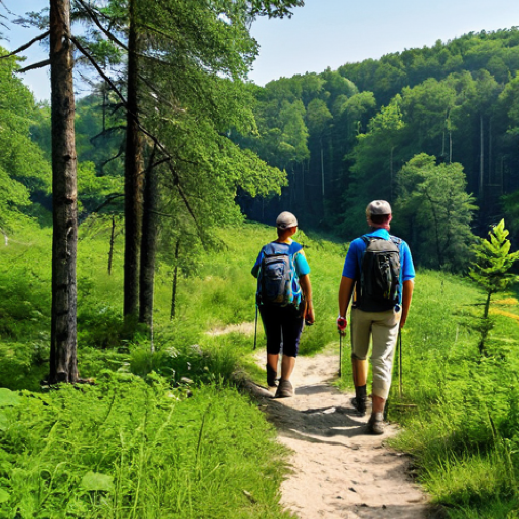 **Ecotourism in Poland:** "Scenic view of Białowieża National Park, Poland, with diverse flora and fauna, fully clothed hikers on a marked trail, appropriate content, safe for work, perfect anatomy, natural proportions, professional nature photography, high quality, family-friendly."