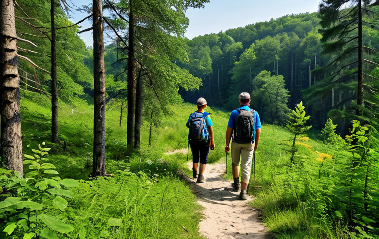 **Ecotourism in Poland:** "Scenic view of Białowieża National Park, Poland, with diverse flora and fauna, fully clothed hikers on a marked trail, appropriate content, safe for work, perfect anatomy, natural proportions, professional nature photography, high quality, family-friendly."