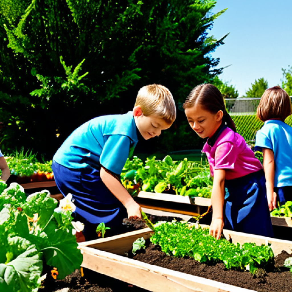 School Garden Project**

"A group of elementary school children, fully clothed in appropriate attire, tending to a vibrant vegetable garden at their school, safe for work, proper finger count, well-formed hands, flowers blooming, sunny day, happy and engaged, learning about nature, modest clothing, family-friendly activity, perfect anatomy, correct proportions, professional photography, high quality, safe for work, appropriate content."

**