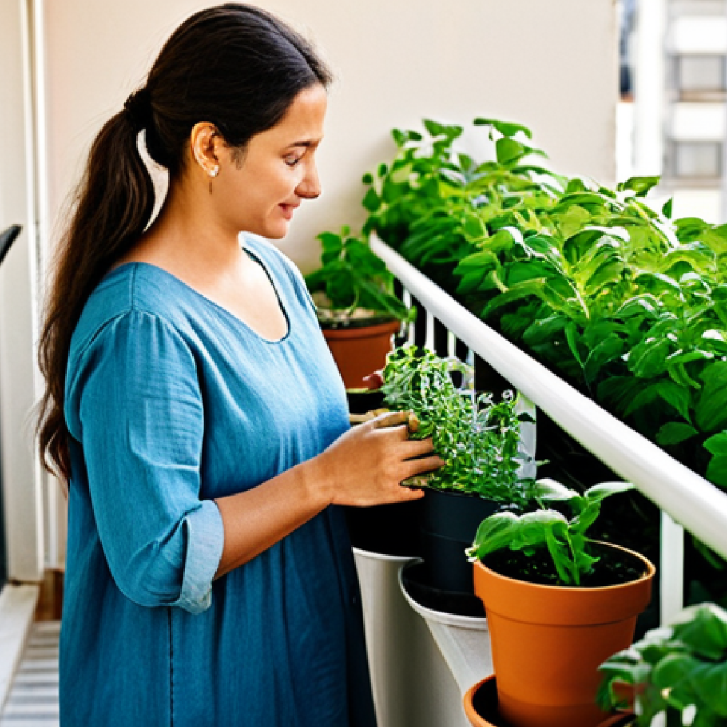 **Tranquil Balcony Garden:** A small balcony overflowing with potted herbs (basil, mint), and flowering vines. Modest containers, natural materials, safe for work. A woman in comfortable, modest clothing tends to the plants, appropriate attire, family-friendly. Perfect anatomy, correct proportions, natural pose, diffused sunlight, creating a peaceful, relaxing atmosphere. Professional photography, high quality, fully clothed.