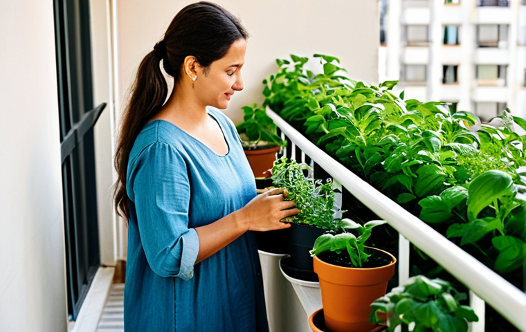 **Tranquil Balcony Garden:** A small balcony overflowing with potted herbs (basil, mint), and flowering vines. Modest containers, natural materials, safe for work. A woman in comfortable, modest clothing tends to the plants, appropriate attire, family-friendly. Perfect anatomy, correct proportions, natural pose, diffused sunlight, creating a peaceful, relaxing atmosphere. Professional photography, high quality, fully clothed.