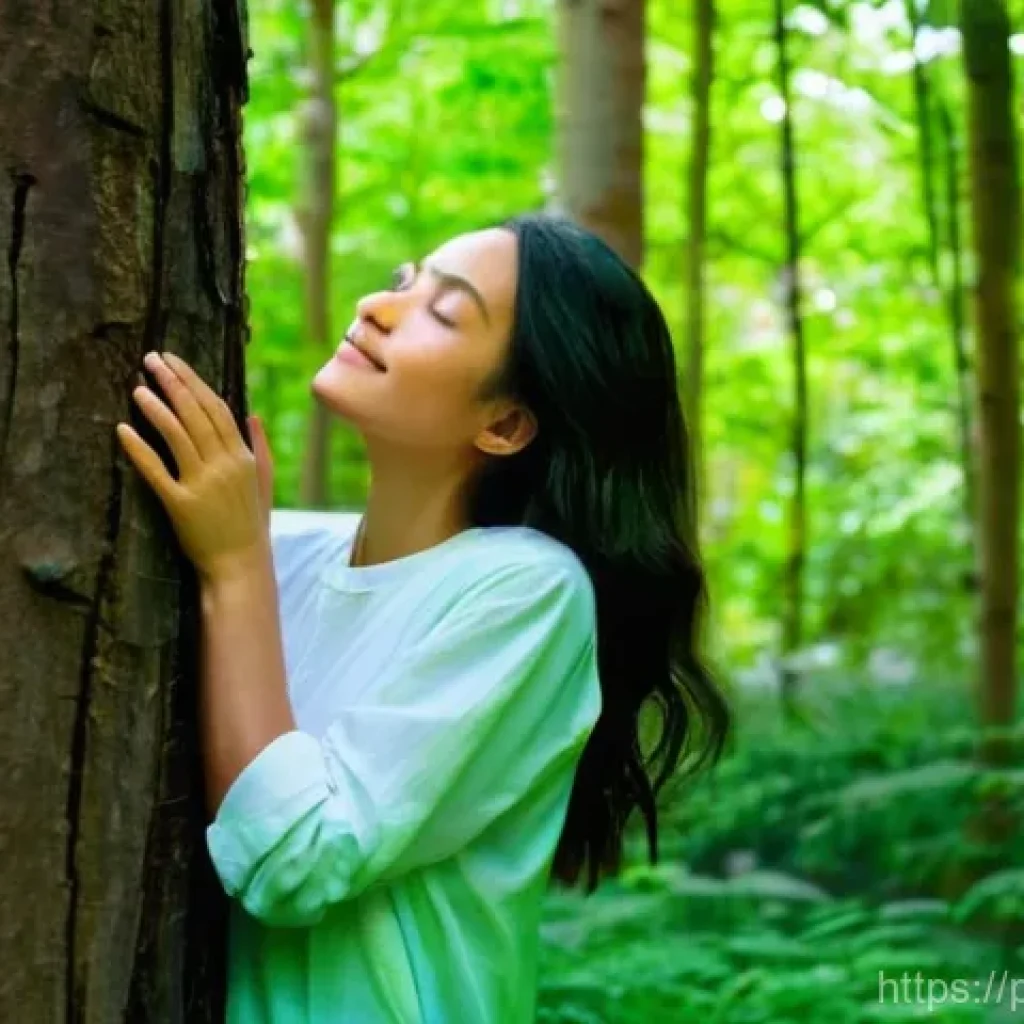 생태 심리학을 통한 지속 가능한 행동 유도 - **Prompt: A serene young woman, in her late 20s, practices "shinrin-yoku" (forest bathing) in a lush...