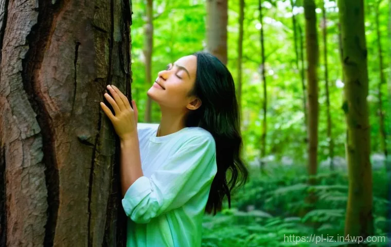 생태 심리학을 통한 지속 가능한 행동 유도 - **Prompt: A serene young woman, in her late 20s, practices "shinrin-yoku" (forest bathing) in a lush...