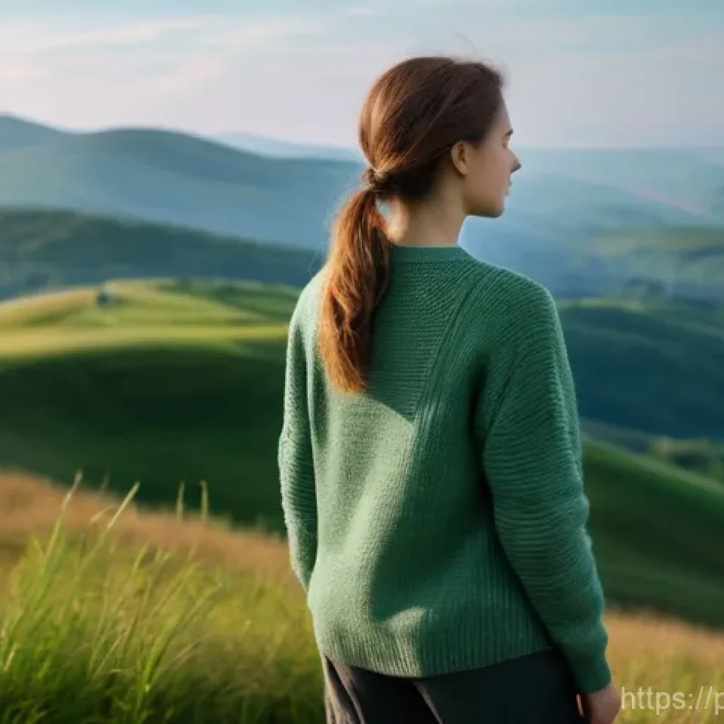 생태 심리학과 개인의 정신 건강 - **Prompt:** A young adult woman, dressed in comfortable, modest outdoor clothing (e.g., hiking pants...