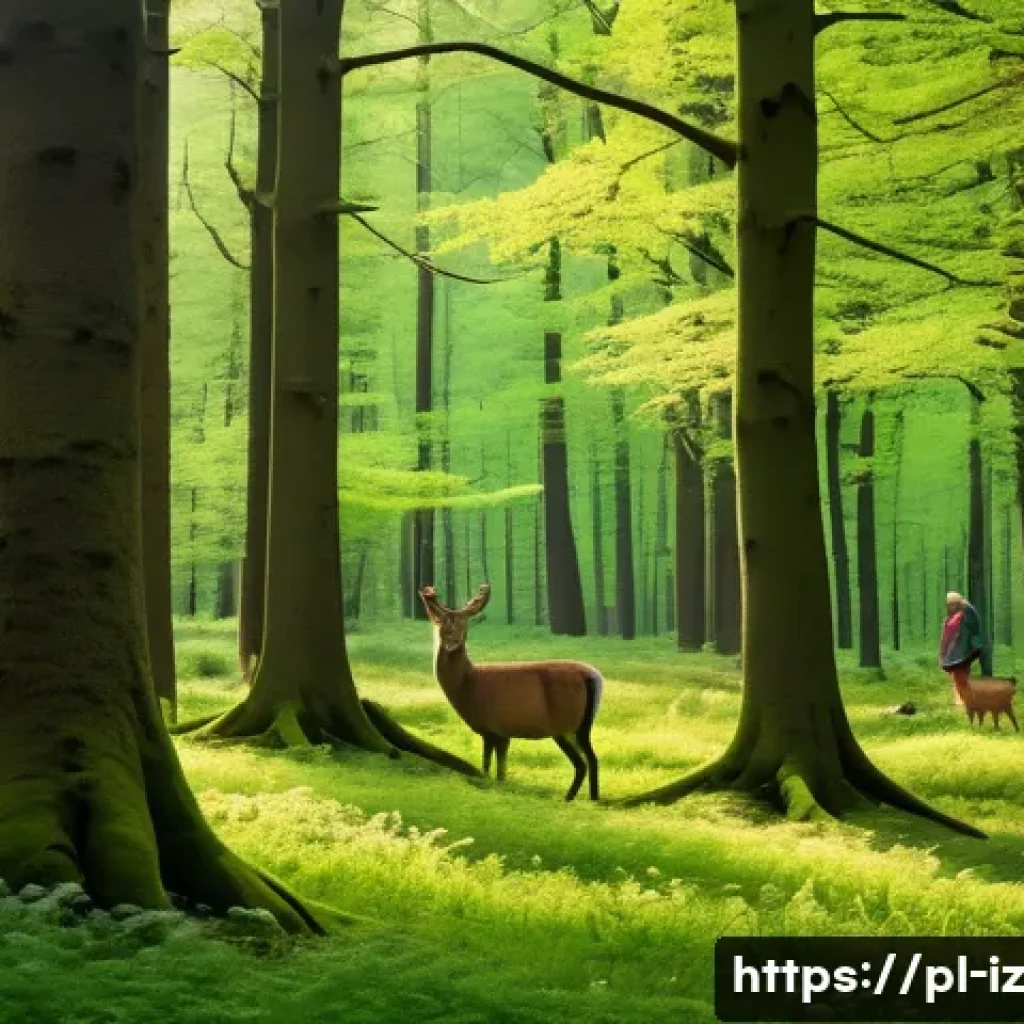 생태 심리학과 동물 권리 - A peaceful Polish forest scene during spring, featuring diverse native trees like oaks and pines, lu...