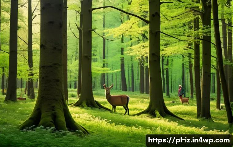 생태 심리학과 동물 권리 - A peaceful Polish forest scene during spring, featuring diverse native trees like oaks and pines, lu...