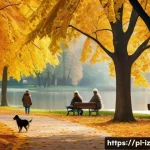 Home 22 생태 심리학과 사회적 책임의식 - A serene urban park scene in Poland during early autumn, featuring a diverse group of people enjoyin...