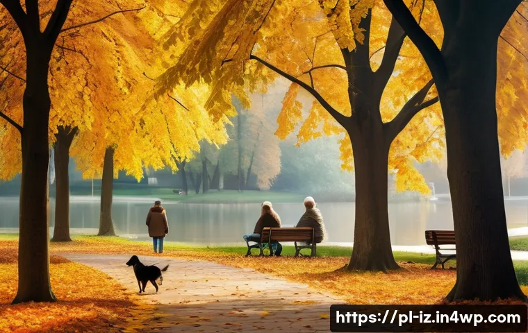생태 심리학과 사회적 책임의식 - A serene urban park scene in Poland during early autumn, featuring a diverse group of people enjoyin...