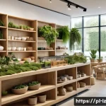 Home 21 생태 심리학을 적용한 마케팅 전략 - A modern retail store interior designed with abundant natural elements: lush green plants in large c...