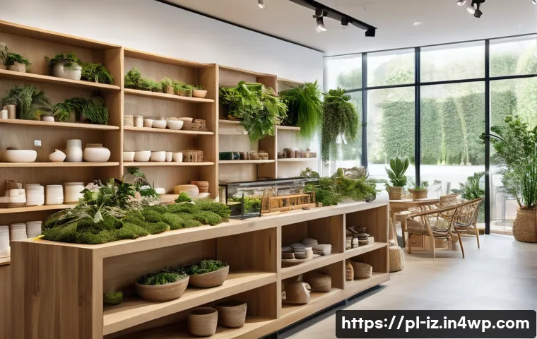 생태 심리학을 적용한 마케팅 전략 - A modern retail store interior designed with abundant natural elements: lush green plants in large c...