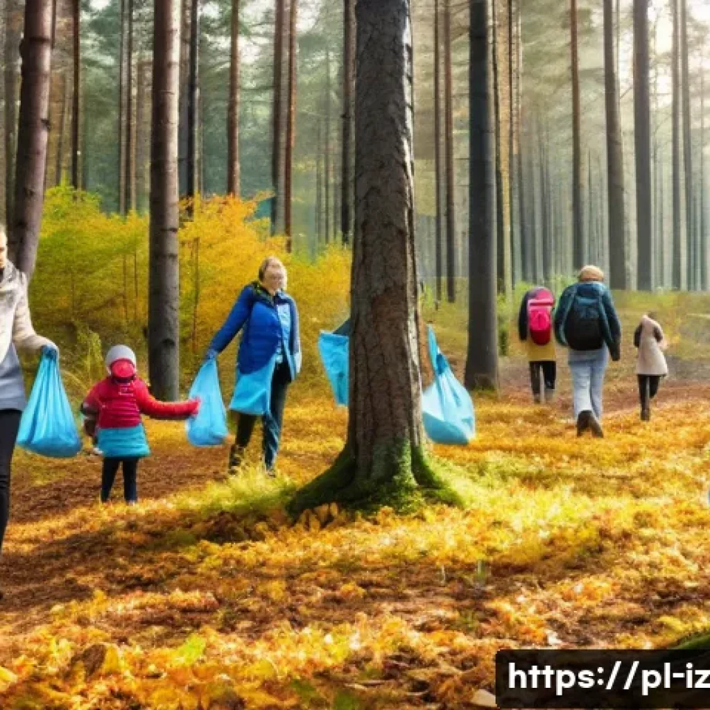 생태 심리학과 글로벌 환경 문제 - A serene Polish forest scene during early autumn, with a diverse group of people—adults and children...