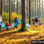 Home 20 생태 심리학과 글로벌 환경 문제 - A serene Polish forest scene during early autumn, with a diverse group of people—adults and children...