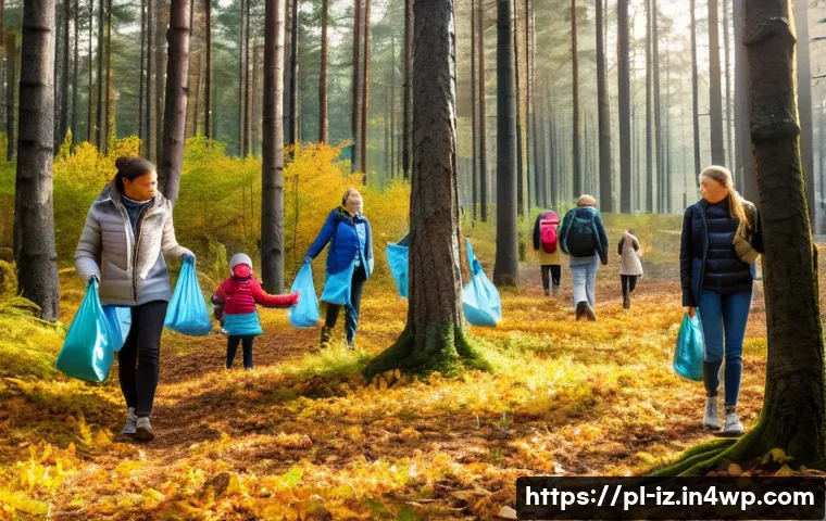 생태 심리학과 글로벌 환경 문제 - A serene Polish forest scene during early autumn, with a diverse group of people&mdash;adults and children...