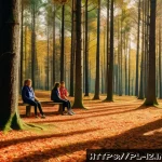 Home 18 생태 심리학의 응용과 사례 분석 - A serene Polish forest scene in early autumn, featuring a diverse group of adults and teenagers enga...