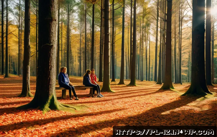 생태 심리학의 응용과 사례 분석 - A serene Polish forest scene in early autumn, featuring a diverse group of adults and teenagers enga...