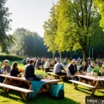 Home 23 생태 심리학에서의 대안적 삶의 방식 - A serene urban park scene in Poland during early autumn, featuring a diverse group of people of vari...