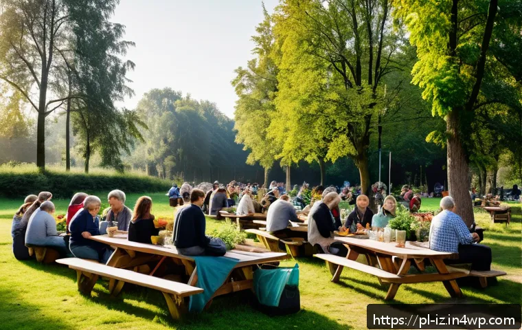 생태 심리학에서의 대안적 삶의 방식 - A serene urban park scene in Poland during early autumn, featuring a diverse group of people of vari...