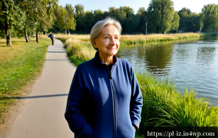 생태 심리학에서의 실천적 지침 - Photorealistic scene of a Polish woman in her sixties taking a mindful walk along a quiet riverside ...